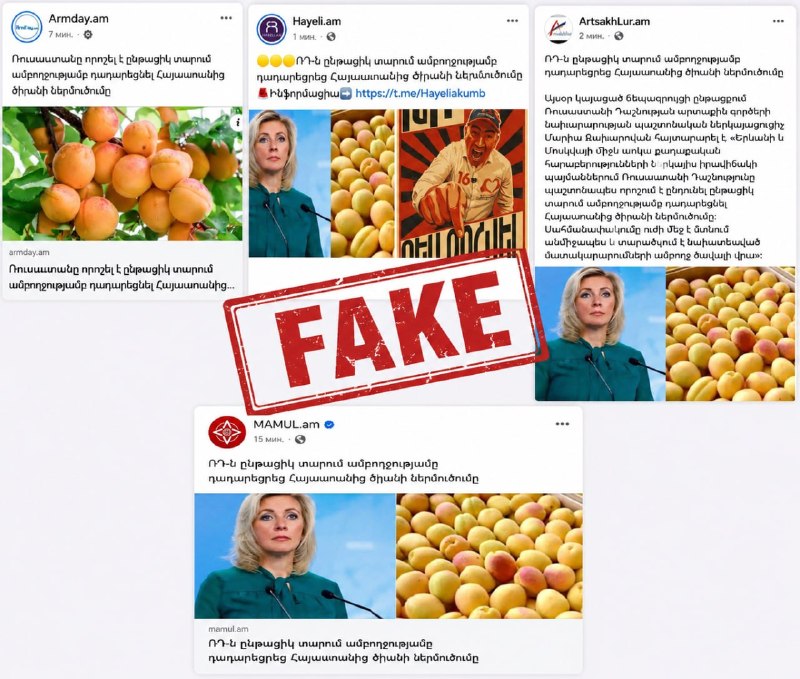 Изображение армянских абрикосов на фоне новостной ленты, символизирующее фейковые сообщения о запрете импорта в Россию.